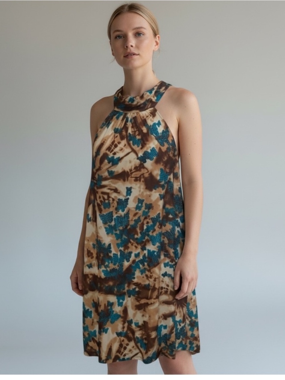 NEW Tie Dye Brown Butterflies Polka Dot High Neck Sleeveless Floaty Dress Spring
